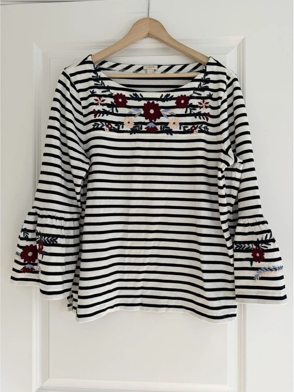 J.Crew Women’s Striped Floral Embroidered Bell Sleeve Top Size L French Nautical